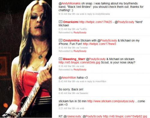 Taylor-Scout Compton (girlfriend van Andy Sixx) die iets van my ging retweeten (A) =D een plaatje van Michael en haar van stickam. Printscreen had ik zelf gemaakt ja. En als je je afrvaagt wie ik ben, me=Bleeding_Starr